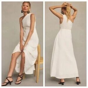 Farm Rio for Anthropologie Smocked White One-Shoulder Maxi Dress Size Medium